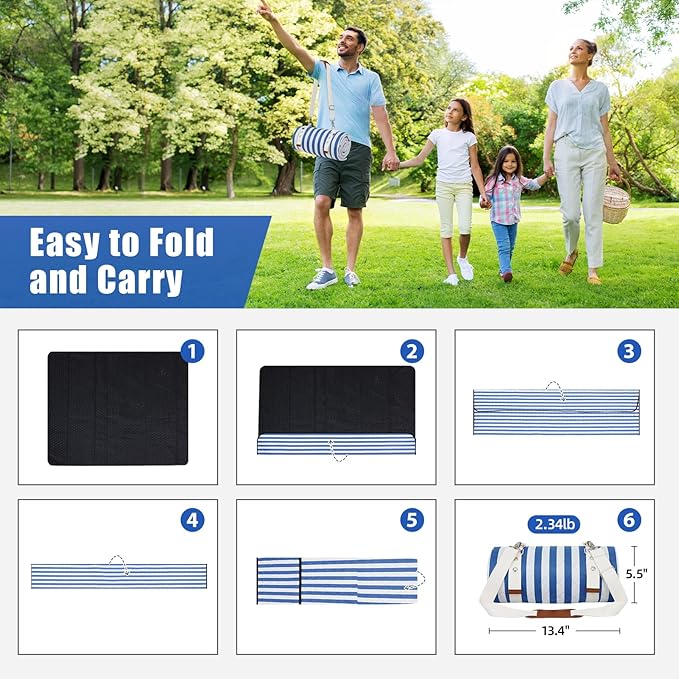 G GOOD GAIN Waterproof Picnic Blanket, 79"x79" Extra Large Beach Mat for 6 to 8 Adults, Machine Washable Outdoor Blanket for Camping, Grass, Park, Camping, Concerts, MiddleBlue