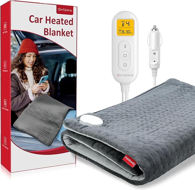 Comfytemp 12V/24V Car Electric Blanket for Back Soothing 17" x 33", 4 Heat Settings, 11 Auto-Off, Portable Mini Travel Blanket for Shoulders Neck Hip, Truck, SUV, Washable for Driver Men Women Winter