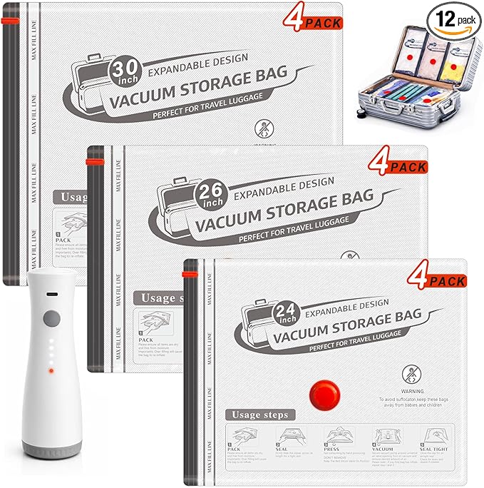 Travel Vacuum Bags with Wireless Rechargeable Pump, Vacuum Seal Bags for Clothing, Compression Space Saver for Luggage & Suitcase, 12 Combo Travel Size