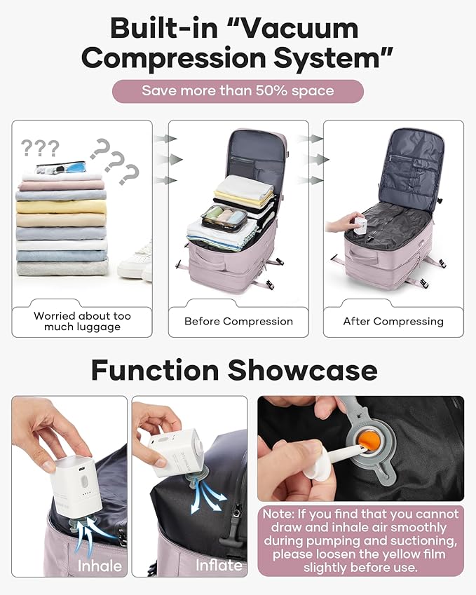 VECAVE Vacuum Backpack Travel with Pump, Expandable Personal Item Carry on Backpacks for Women Men, Laptop Waterproof Work Compression bags with USB Casual Daypack Pink