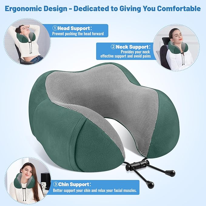 CloudBliss Travel Pillow Premium Memory Foam, Comfortable & Supportive Neck Pillow, Neck Pillows for Sleeping Travel, Airplane Pillow for Sleeping Airplane, Car, Office and Home（Black & Green）
