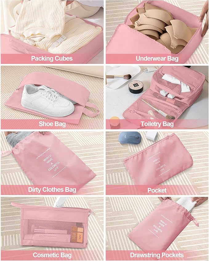 Packing Cubes 10 PCS, Mesh Breathable Luggage Organizers Bags, Packing Organizers, Durable Travel Essentials Bags Set, Travel Packing Organizers,Pink