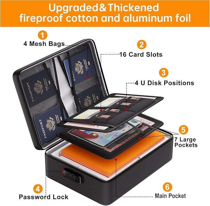 DocSafe 5200°F Document Organizer with Lock, Upgraded Heat Insulated Fireproof＆Water-Resistant Box 8 Layers File Organizer, Portable Home Travel Safe Storage for Important Documents and More