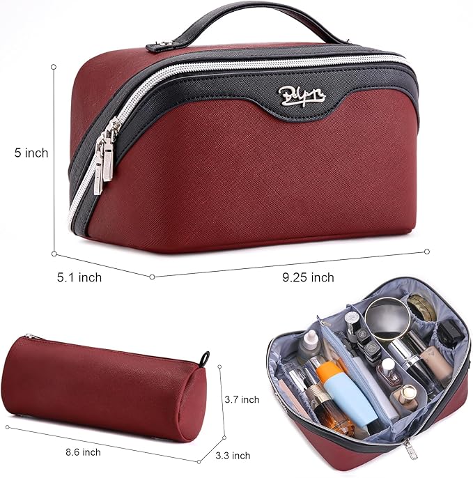 BOYATU Travel Makeup Bag Organizer Cosmetic Bag: 3 Pcs Set Make up Bags for Women with Handle - Waterproof Vegan Leather Toiletry Bags Travel Essentials Pouch with Compartments (A-04-Red)
