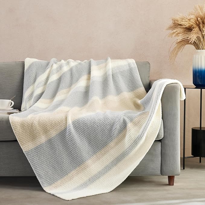 Throw Blanket, Soft Cozy Fluffy Striped Throw Blankets for Couch, Sofa, Bed, Chair, Warm Fuzzy Plush Lightweight Decorative Stripe Blanket, Grey Khaki, 50x60 inches
