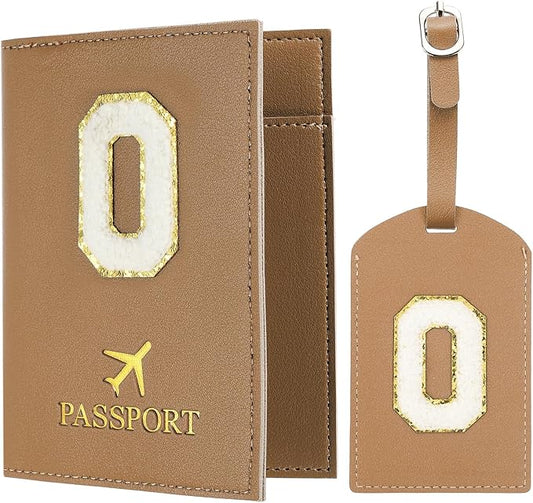 PATIKIL Passport Holder for Travel, Initial Passport Cover and Luggage Tag Set with Alphabet Chenille Letter Patch Travel Wallet Bag Suitcase Identifier for Women Family Travel Brown O