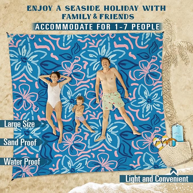 Famstar Beach Blanket Sandproof Waterproof 78''×110'' 1-7Adults Oversized,Compact Lightweight Durable Beach Mat for Travel Camping Hiking Picnic Blanket