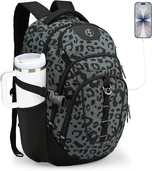 Swissdigital Laptop Backpack with USB Charging Port, Travel Backpack Fits 15.6 inches Computer, 31L Backpack for Men, Gray Leopard | SD803-101
