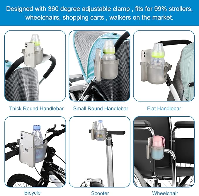 Accmor Stroller Cup Holder with Phone Holder, Bike Cup Holder, Universal Cup Holder for Uppababy Nuna Doona Strollers, 2-in-1 Cup Phone Holder for Stroller Bike Wheelchair Walker Accessory