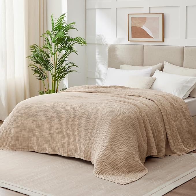 100% Cotton Muslin Blanket Queen 90" x 90", 6 Layers Breathable and Lightweight Cotton Throw Blanket for Bed, Soft Quilt Bedspread Coverlet, Gauze Blanket for Adults All Season, Beige Linen, Oatmeal