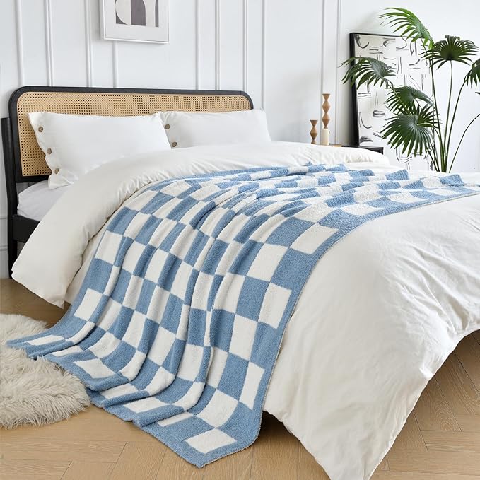Checkered Blanket, Cozy Soft Throw Blankets for Couch Bed, Fluffy Plaid Lightweight Comfy Travel Picnic Blanket Gifts for Sofa Chair Living Room Camping (Blue, Twin 60"x80")