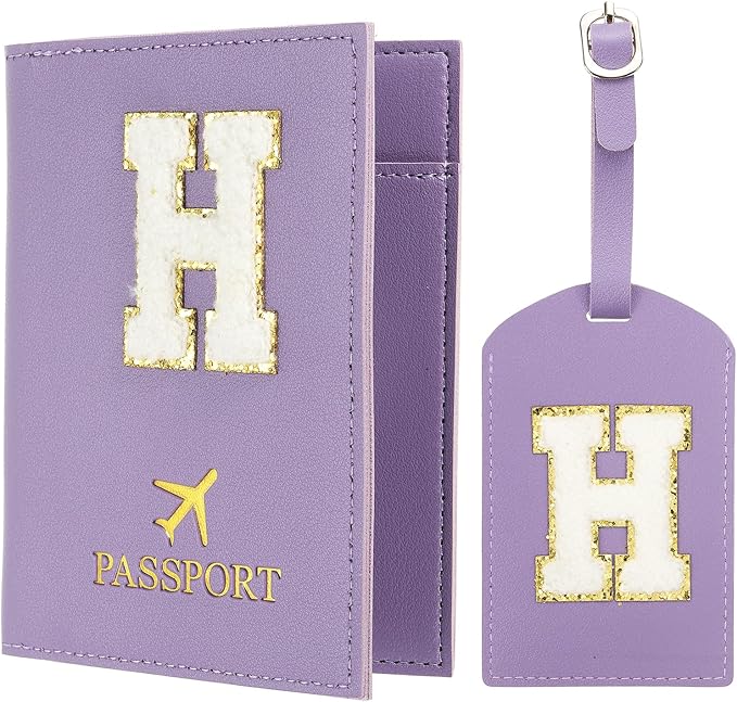 PATIKIL Passport Holder for Travel, Initial Passport Cover and Luggage Tag Set with Alphabet Chenille Letter Patch Travel Wallet Bag Suitcase Identifier for Women Family Travel Purple H