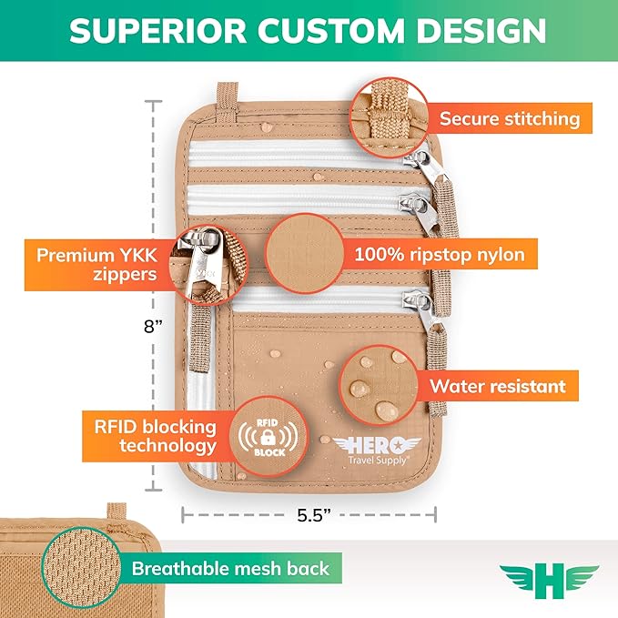 HERO Neck Wallet - RFID Blocking Passport Holder, Easy to Conceal Travel Puch (Beige)