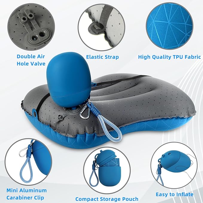 Camping Inflatable Pillow with 2-in-1 Silicone Air Pump Storage Bag – Ultralight Travel Pillow for Airplane, Lumbar Support, Dual Valve Easy Inflate, Compressible Ergonomic (Navy Blue)