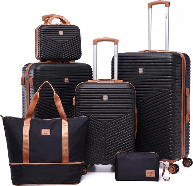 Hoteel Luggage Sets 6 Piece ABS+PC Hardside, 4-Year Warranty, Luggage Set with Spinner Wheels, TSA Lock, Lightweight Carry on Luggage, 13"/20"/24"/28" Suitcase with Duffel & Organizer, Black