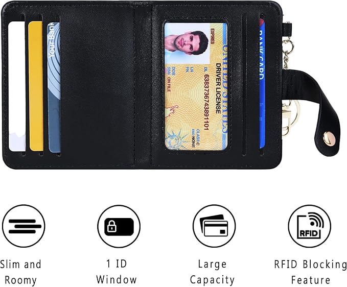 Airkit Small Wallets Woman RFID Blocking Leather Credit Card Holder - with ID Window - Card Wallets for Women - with Zipper Coin Purse - Keychain Wallet