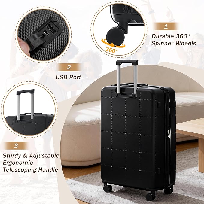 Merax Luggage Sets 5 Piece, Hardside 20" Half-opening Carry On Suitcase Set with USB Port,Lightweight Travel 24" 28" Luggage with Bags TSA Locks Double Spinner Wheels,Black