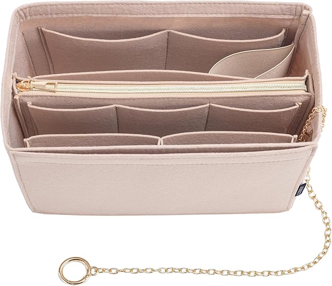 Purse Organizer Insert, Handbag Organizer with Zipper, Tote Shaper with Cup Holder & Keychain, Compatible with LV, Neverfull, MK, COACH, Longchamp, Kate Spade – Khaki-XL