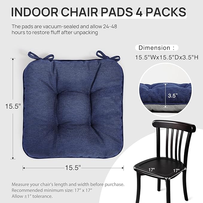 Love's cabin Memory Foam Chair Cushions Set of 4, 15.5"x15.5"x3.5" Indoor & Outdoor Seat Pads for Dining, Kitchen, Office, Patio Chairs - Navy Blue