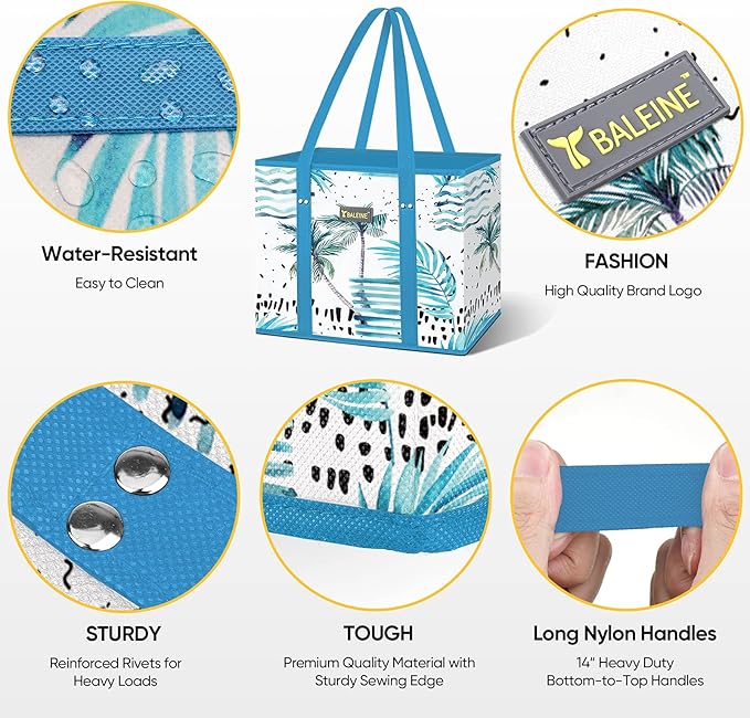BALEINE 1Pk Reusable Grocery Bags, Foldable Shopping Bags for Groceries with Reinforced Bottom & Handles (Island Breeze)
