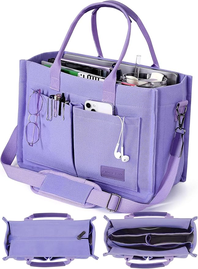 FIORETTO Canvas Tote Bag for Women with Zipper Closure & Individual Compartments for Work College for Teacher & Nurse