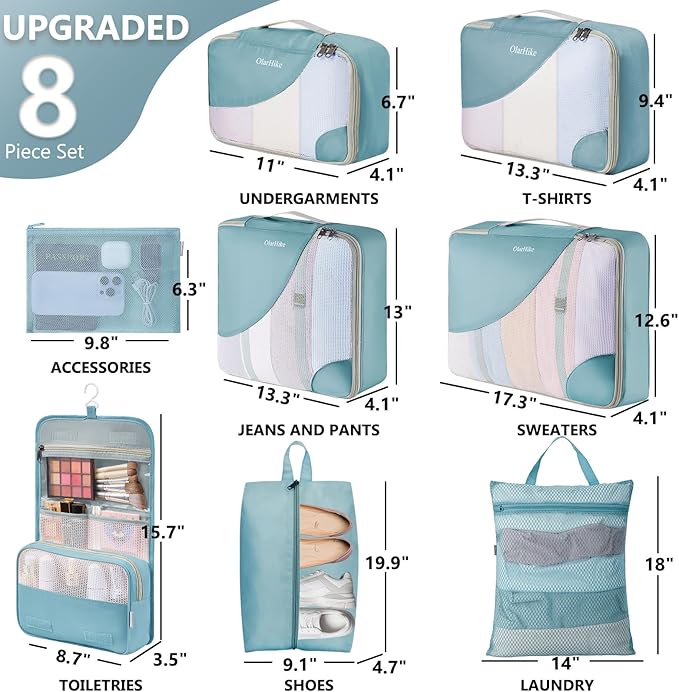 8 Set Packing Cubes for Travel, Gifts for Women Mom,Anti-Tearing Suitcase Organizer for Luggage with Shoe & Hanging Toiletry Bag,OlarHike Vacation Essentials & Accessories for Cruise Ship