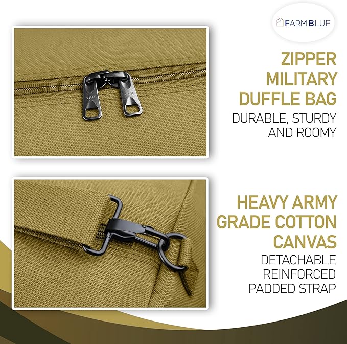 Farm Blue Brand Army GI Style Zipper Duffel Bags- Enormous 30"x50" XX Large - 3 Grab Handles and new External and Internal pockets- 18oz Canvas Duffle Bag Men and Women - XXL OD Green