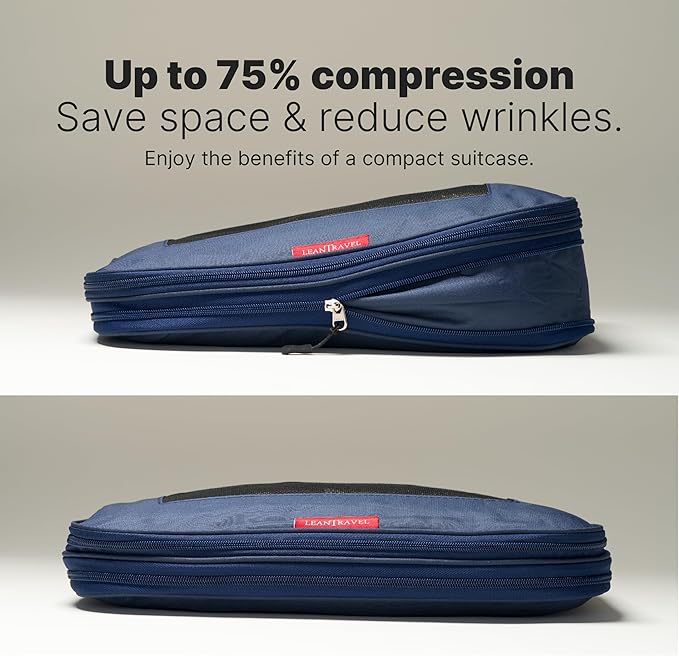 LeanTravel Premium Compression Packing Cubes for Travel - Suitcase Organizer Bags with Double Zipper & Breathable Mesh Panel - Space Saving Carry On Luggage Essentials (4-Pack, Navy Blue)