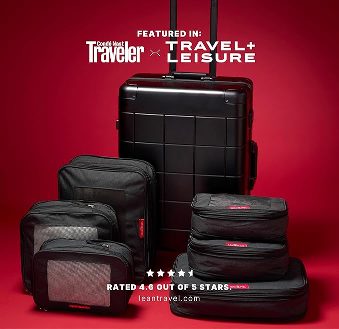 LeanTravel Premium Compression Packing Cubes for Travel - Suitcase Organizer Bags with Double Zipper & Breathable Mesh Panel - Space Saving Carry On Luggage Essentials (6-Pack Black)