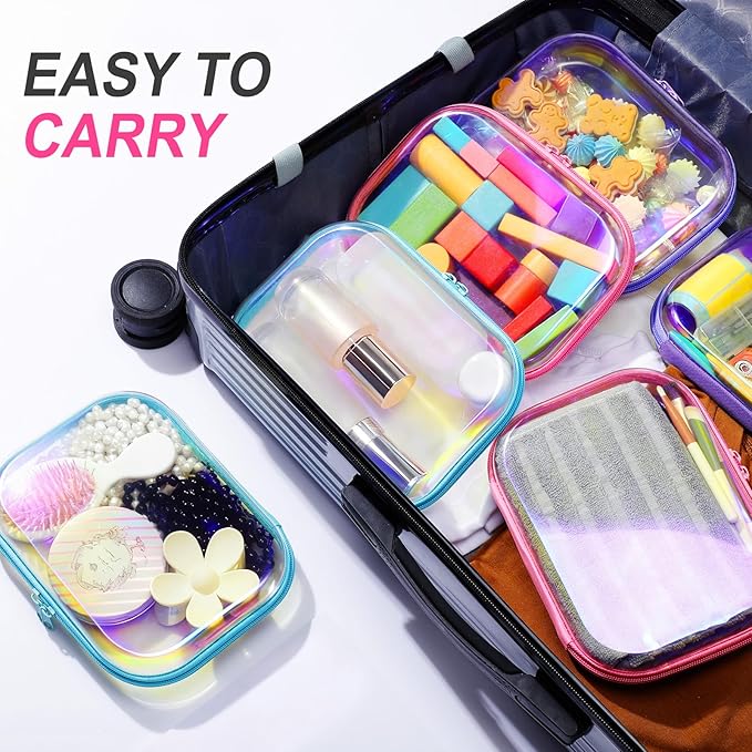 Sanwuta 6 Pcs Clear Hard Zipper Case Plastic Zipper Pouches Transparent Makeup Bag Pencil Case Pouches Toiletry Diaper Bag for Travel Toy Storage Organizer Bins(Holographic,7.87 x 5.9 x 2 Inch)