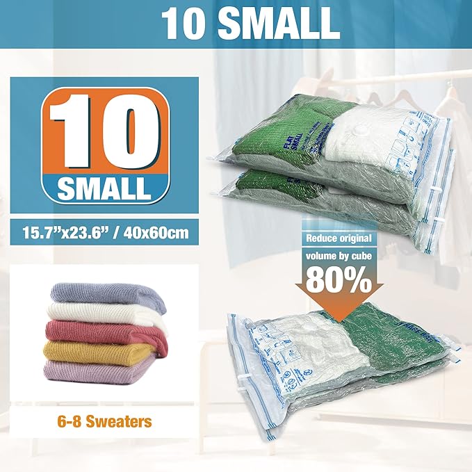 Vacuum Storage Bags, 10 Small Space Saver Vacuum Seal Bags, Space Bags, Vacuum Sealer Bags for Clothes with Travel Hand Pump (10S)