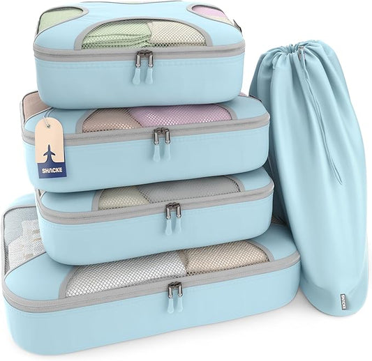 Shacke Packing Cubes for Travel 5 Set - Compression Luggage Organizer Bags - Versatile Travel Organizer for Women and Men - Optimized Packing Bags - Travel Essentials (Sky Blue)