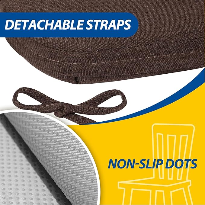 AAAAAcessories D-Shaped Chair Cushions, 2" Thick Dining Chair Pads with Ties and Removable, Machine-Washable Cover, 17" x 16", Set of 2, Brown