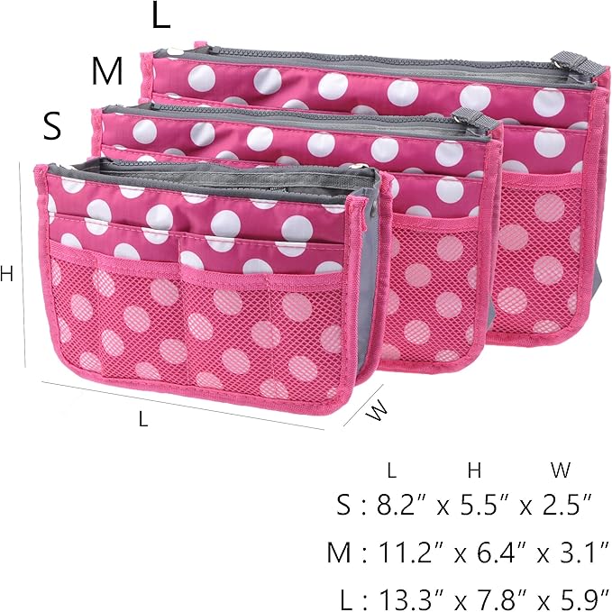 Vercord Purse Organizer Insert for Handbags Bag Organizers Inside Tote Pocketbook Women Nurse Nylon 13 Pockets Rose Dot Medium