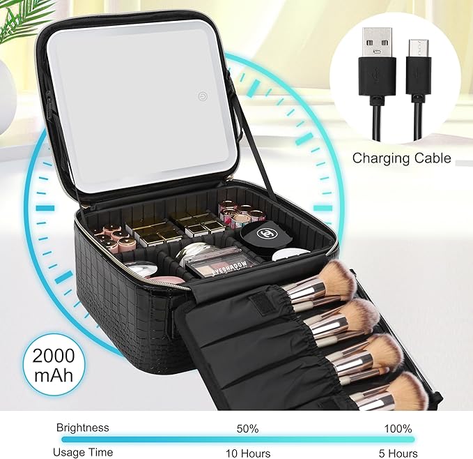 Relavel Makeup Train Case With LED Mirror, Professional Travel Cosmetic Bag with Removable Partitions,Compact Makeup Organizer, Waterproof Toiletry Case for Women, Black