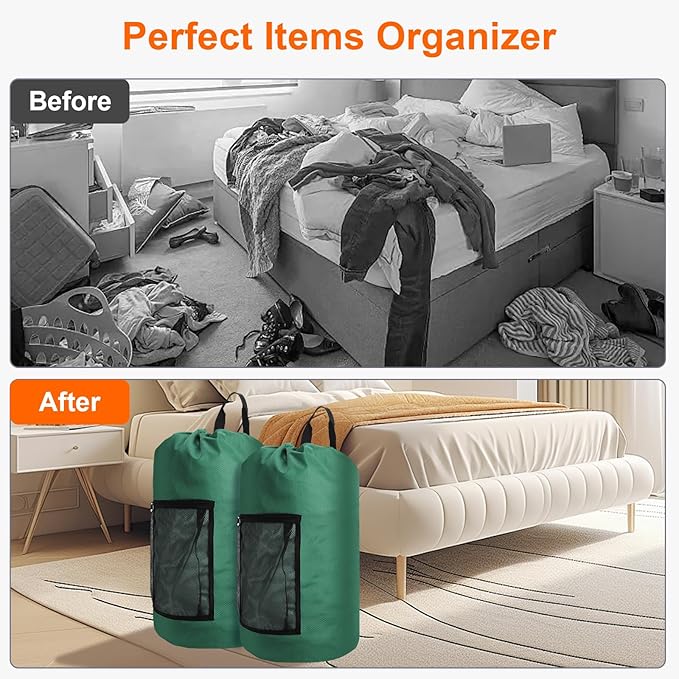 Laundry Bag Backpack Durable Laundry Bag with Shoulder Straps and Mesh Pockets Portable Laundry Dirty Clothes Hamper Bag for College Dorm (Green)