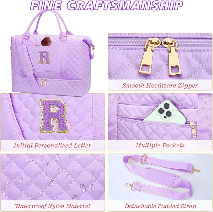 Birthday Gift for Teenage Girl Initial Travel Duffle Bag Quilted Weekender Bags Carry-On Overnight with Cosmetic Bag, Gym Bag with Shoe Compartment for Women Labor Delivery, Purple-R