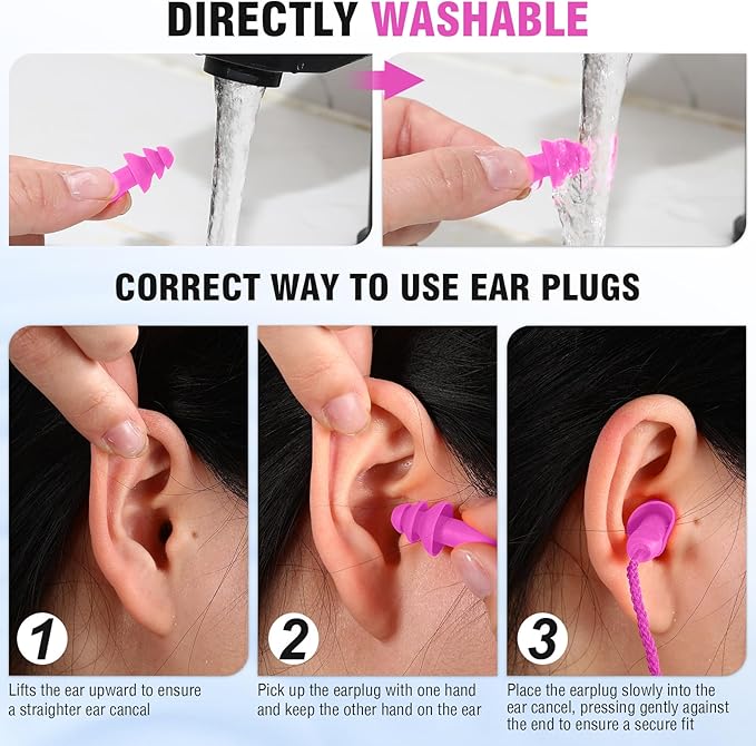 Tondiamo 200 Pairs Ear Plugs Reusable Silicone Earplugs with Cord Sleeping Individually Wrapped Hearing Protection Noise Cancelling Earplugs for Work Construction Shooting Sports (Pink)