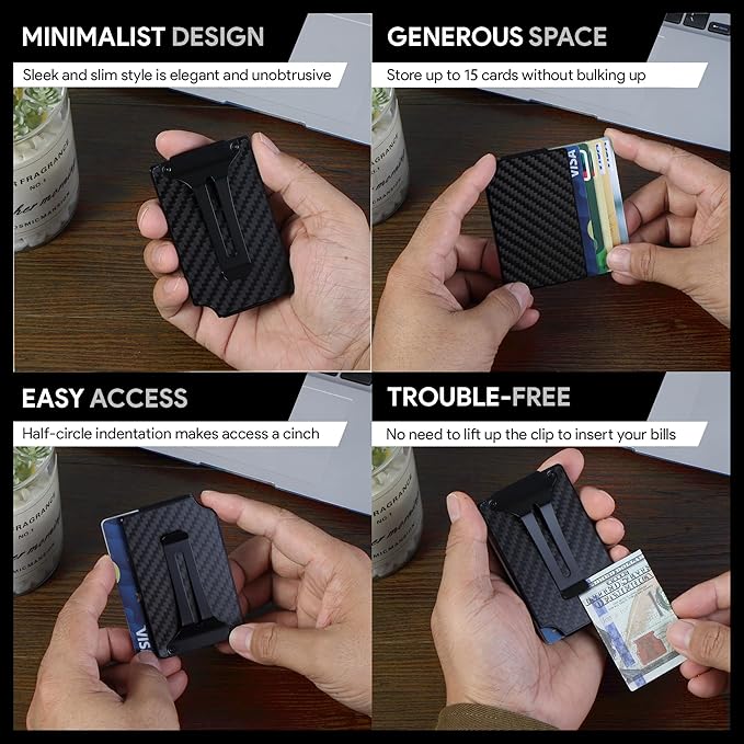 Carbon Fiber Minimalist Wallet for Men Credit Card Holder Money Clip & Cash Strap Slim RFID Mens Wallets-Carbon Fiber