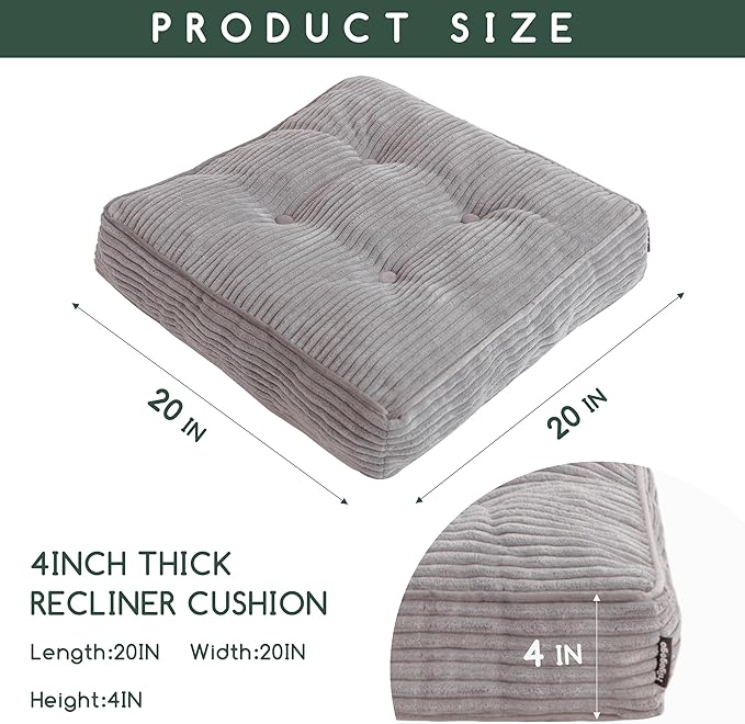 HIGOGOGO Tufted Corduroy Recliner Seat Cushion for Elderly, High Density Foam Large Square Seat Cushion for Recliner Chair, Floor Pillow, Office Chair, Car, No Pressure on Thighs, 20x20x4