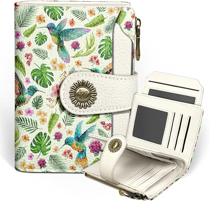 Icycay Hummingbird Small Wallet Women RFID Blocking Bifold, Cute Credit Card Holder, Zipper Coin Pocket, PU Leather, Compact, Travel, 4 ID Window, 14 Card Slots, Cash Purse, Ladies Woman Female Girls