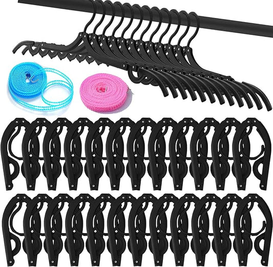 24 PCS Travel Hangers,Portable Folding Clothes Hangers,Clothes Hangers with Clotheslines,Foldable Clothes Drying Rack for Travel,Plastic Foldable Non Slip Clothing Hangers
