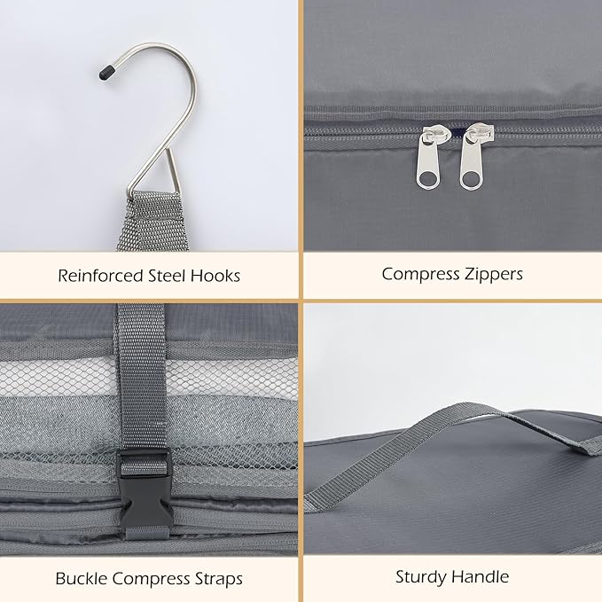 Surblue Hanging Shelves Travel Storage Bag Compression Packing Cube for Suitcase Collapsible with Extension Layer Large Capacity, Grey,XL