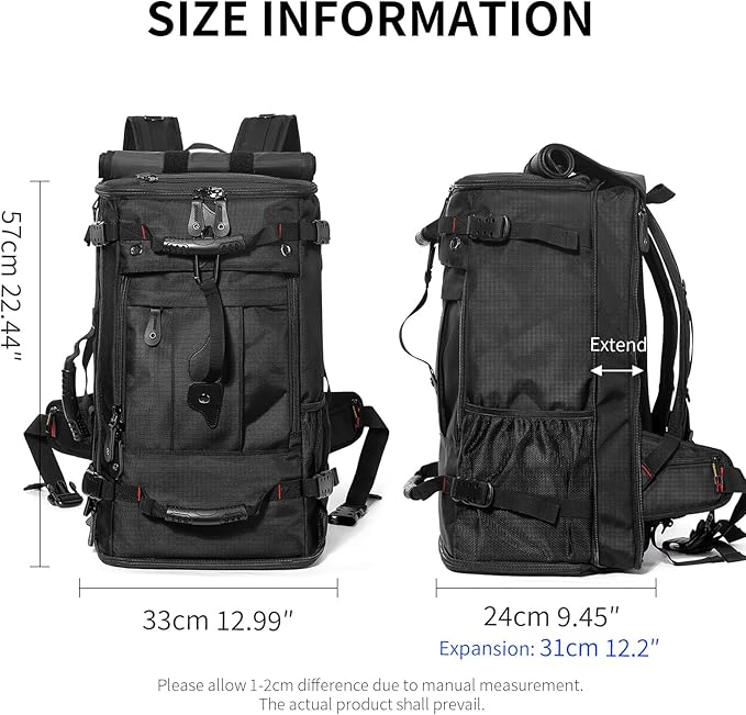 Large Capacity For Travel Hiking Sports Carry On Backpack Durable Convertible Duffle Bag Laptop airplane (Black, 60L-Large DualMainOpening)
