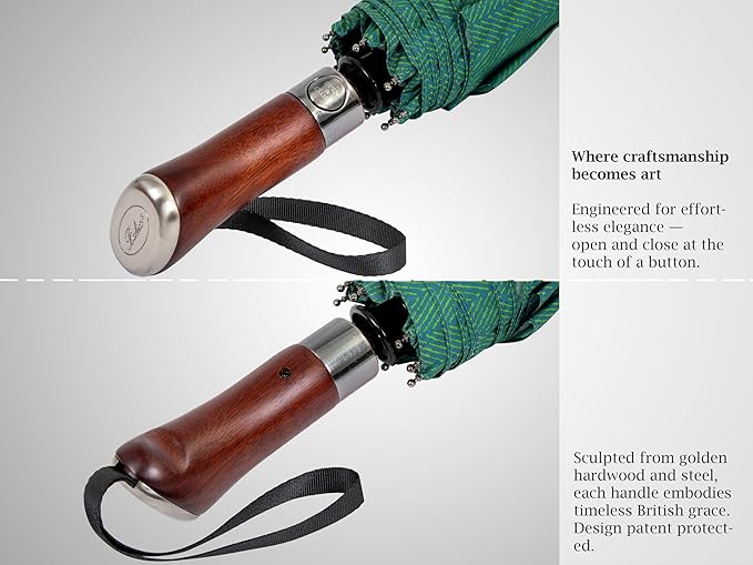 Balios (Designed in UK) Travel Umbrella Luxurious Golden Hardwood Handle Auto Open & Close Windproof Frame Single Canopy Automatic Folding Umbrella Men's & Ladies