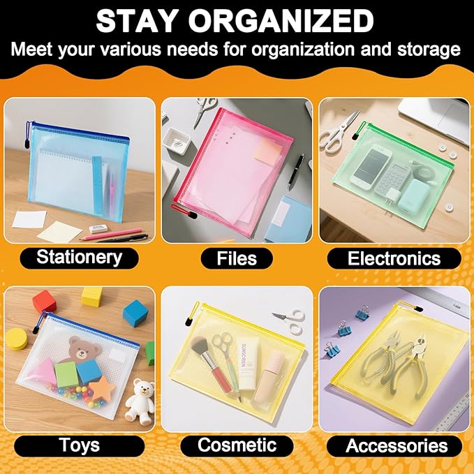 Mesh Zipper Pouch Bags - 5 Pack Waterproof Zipper Bags 13.2 x 9.4 Inch Clear Mesh Storage Pouches Assorted Colors for Home, Office, School, Travel, Puzzles, Board Game, Cosmetic, Accessories