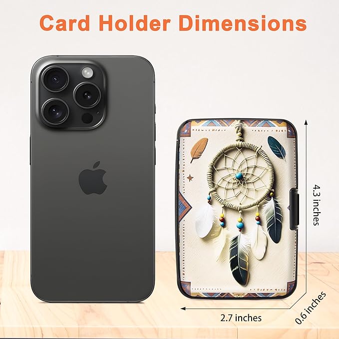 Mayski Credit Card Holder, RFID Blocking, Aluminum Alloy Hard Case, Small Mini Business Metal Wallet for Women Men, Boho Feathers