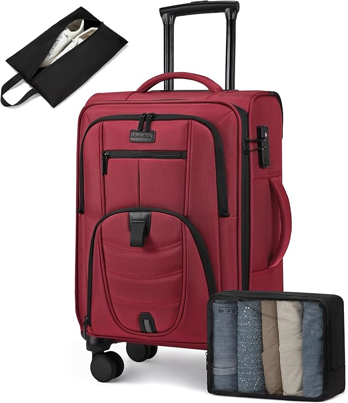 LOVEVOOK Carry On Luggage Airline Approved, Suitcases with Spinner Wheels, Softside Carry-on Luggage with TSA Lock for Women Business Trip, Lightweight Large Capacity Luggage for Travel, Burgundy Red