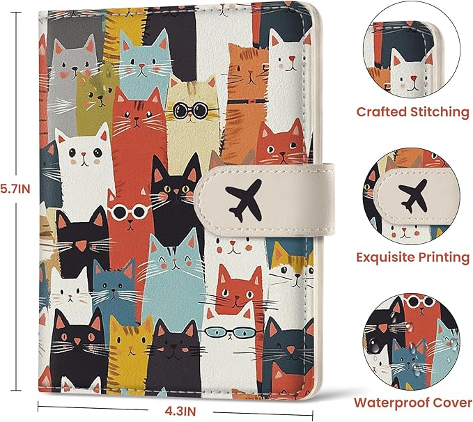 Passport Holder for Travel Essentials, RFID Blocking Leather Cover Wallet with Magnetic Closure, Aesthetic & Cute Passport Book Case for Women and Men - Cat
