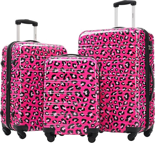 Merax Luggage Sets 3 Piece, Hardside Expandable Suitcase Set with Spinner Wheels, Lightweight Leopard Luggage 20+24+28 IN, Leopard Hot Pink